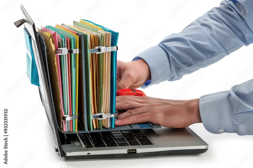 Poster A person sitting at a laptop with multiple folders open, possibly working or organizing files