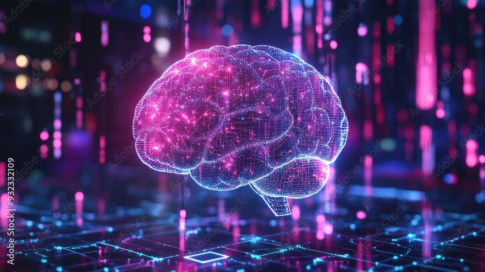 Poster 2d illustration representing a conceptual idea of thinking featuring a brain background and an abstr