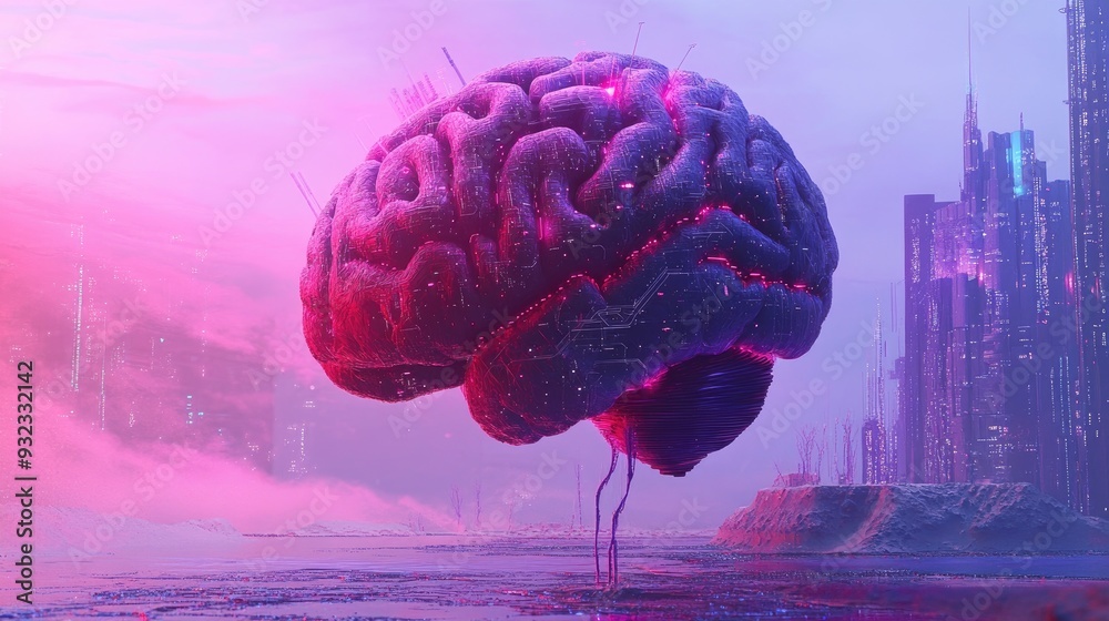 Poster 2d illustration showcasing a conceptual representation of thinking with an abstract brain design emp