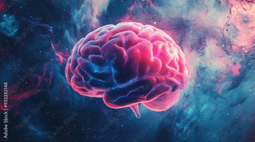 Poster 2d illustration showcasing a conceptual representation of thinking with an abstract brain design emp