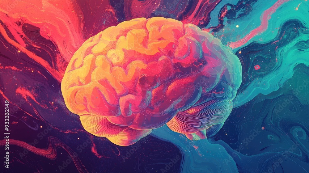 Poster 2d illustration representing a conceptual idea of thinking featuring a brain background and an abstr