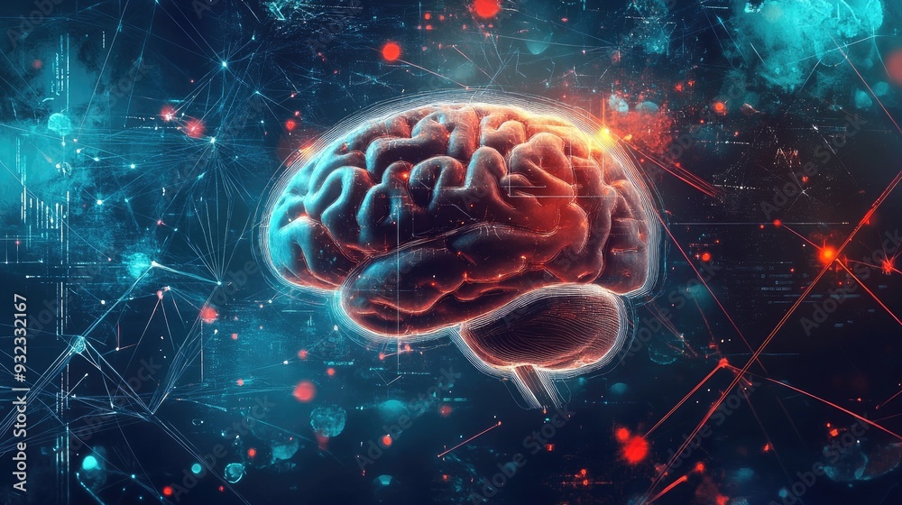 Poster 2d illustration representing a conceptual idea of thinking featuring a brain background and an abstr