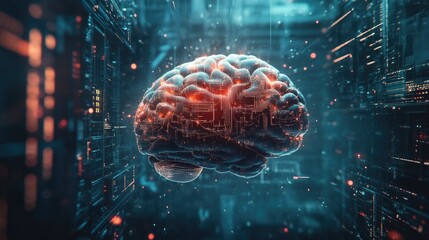 2D illustration showcasing a conceptual representation of thinking with an abstract brain design emphasizing artificial intelligence and technology in the background