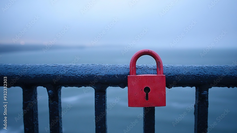 Canvas Prints   Red padlock on metal fence overlooking water