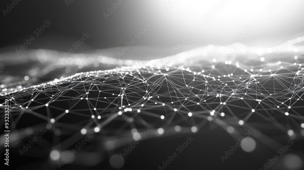 Poster 3d abstract grey background featuring rapid zooming low poly connection of dots and lines network st