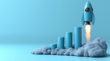 A 3D rocket launching above rising bar graphs, symbolizing business growth, success, progress, and the impact of innovative strategies on achievement