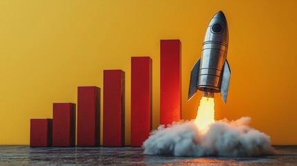 A 3D shiny silver rocket launching beside tall bar graphs, symbolizing technological advancement, business success, growth, and the impact of innovation on progress