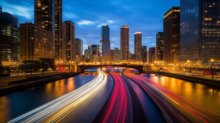Fototapeta premium Traffic at night: Urban cityscape with illuminated skyscrapers and cars speeding along a bustling highway, creating a vibrant and dynamic scene