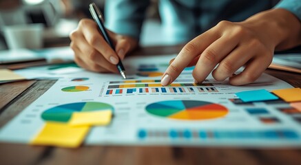 Fototapeta premium Detailed hands-on analysis of business data with charts and graphs during a planning session, emphasizing strategic thinking, data-driven decisions, and teamwork