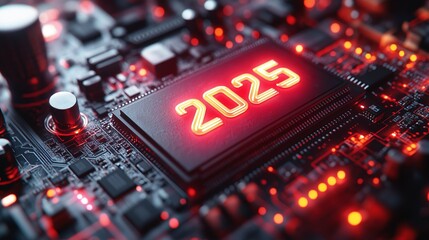 A close-up of the year 2025 in neon text on an AI circuit board, symbolizing the future of technology, innovation, and the advancements of artificial intelligence expected in the coming year