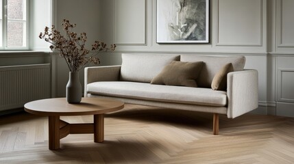 This minimalist living room with light gray walls features a large gray sofa and a wooden coffee table, illuminated by natural light for a tranquil atmosphere