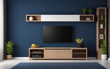 Modern interior of living room with tv on the cabinet on dark blue wall background