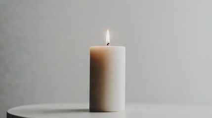   A white candle rests on a white table beside a gray wall and a white background