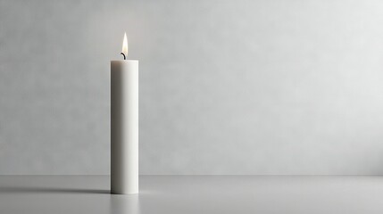   A white candle on a table against a white wall background