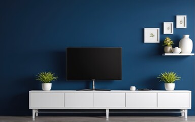 Modern interior of living room with tv on the cabinet on dark blue wall background