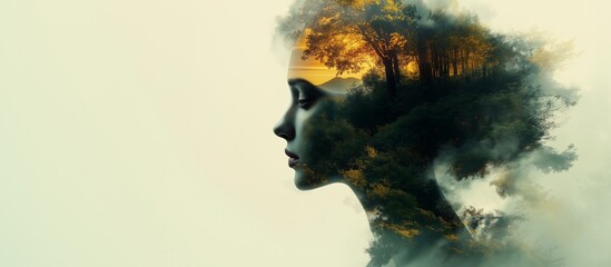 A creative silhouette of a head filled with nature, featuring trees and birds, symbolizing the deep connection between the human mind and the environment with harmony and ecological consciousness