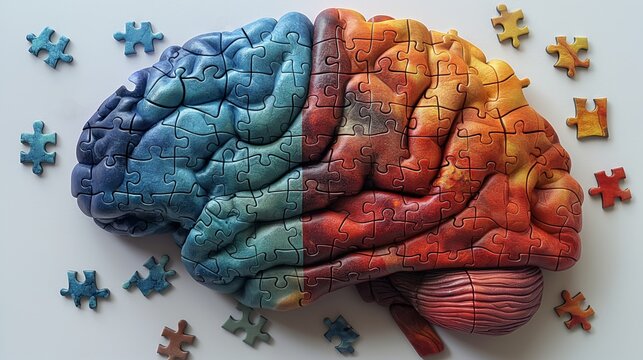 A detailed 3D brain made up of jigsaw puzzle pieces, symbolizing the complexity and intricacy of human thought, illustrating the interconnectedness of ideas and cognition