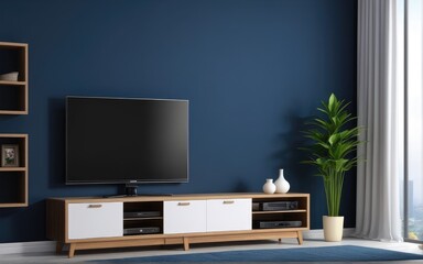 Modern interior of living room with tv on the cabinet on dark blue wall background