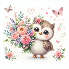 Fototapeta premium A cute owl Holding a Large, Lush Bouquet of Flowers: Sweet Watercolor Illustration with Delicate Pink Hearts and Butterflies, Isolated on White Background.