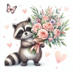 Adorable raccoon Holding a Large, Lush Bouquet of Flowers: Sweet Watercolor Illustration with Delicate Pink Hearts and Butterflies, Isolated on White Background.