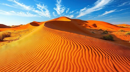   A vast sand dune stretches in the desert beneath a clear blue sky, its wispy texture exuding ethereal beauty
