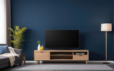 Modern interior of living room with tv on the cabinet on dark blue wall background