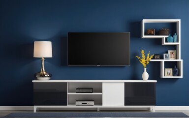 Modern interior of living room with tv on the cabinet on dark blue wall background