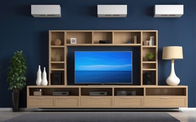 Modern interior of living room with tv on the cabinet on dark blue wall background