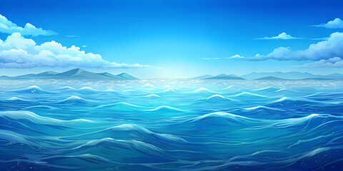 Digital painting of a calm ocean with distant mountains, vibrant blue colors, serene seascape