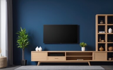 Modern interior of living room with tv on the cabinet on dark blue wall background