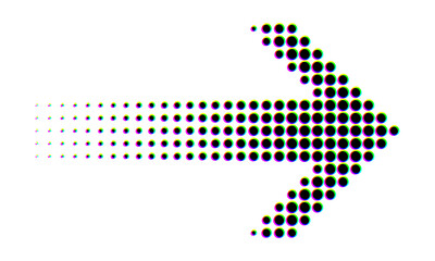 A bold dotted arrow icon with a dynamic fading effect and colorful glitch style, ideal for modern digital interfaces. Vector illustration.