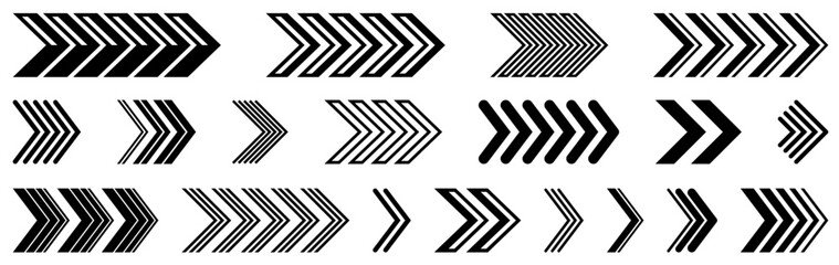 A set of bold black geometric arrow icons featuring various linear and solid designs, perfect for digital navigation and modern interfaces. Vector illustration.
