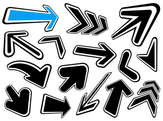 A set of playful outlined arrow icons in bold black and blue colors, featuring dynamic and varied directions. Ideal for creative digital layouts. Vector illustration.