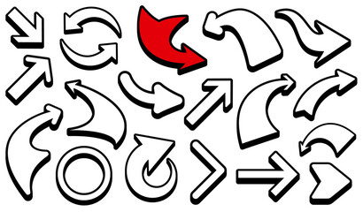 A set of bold arrows featuring various dynamic designs. Includes a standout red arrow among predominantly black and white styles. Great for icons, infographics, and creative layouts.