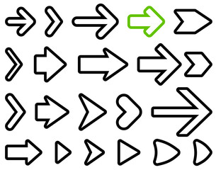 Vector illustration showcasing a variety of outlined arrows, including a green-highlighted arrow. Perfect for navigation or design concepts.