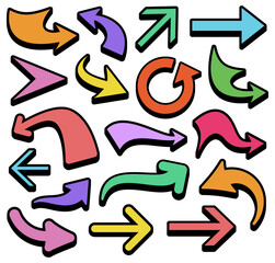 Vector illustration featuring a vibrant assortment of arrows in various shapes and colors, perfect for creative and dynamic design concepts.