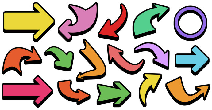 Vector illustration of a set of vibrant arrows in different directions with thick black outlines.