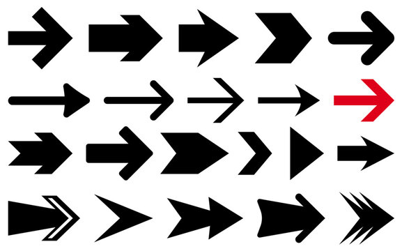 Vector illustration featuring a variety of bold directional arrows in black and red, with sharp geometric designs.