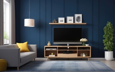 Modern interior of living room with tv on the cabinet on dark blue wall background
