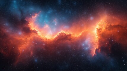 Fototapeta premium A vibrant cosmic nebula with swirling orange and blue clouds, capturing the vastness and mystery of the universe, showcasing the beauty and power of cosmic phenomena