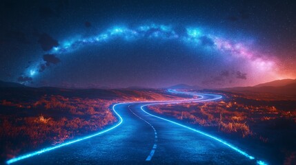 Fototapeta premium A night road illuminated by distant lights under a starry sky with the Milky Way visible, symbolizing the journey of exploration, the unknown, and the vastness of space in the universe