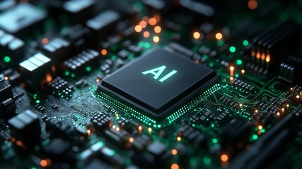 Obraz premium A glowing AI microchip embedded in a circuit board, representing the power, intelligence, and impact of modern technology and artificial intelligence