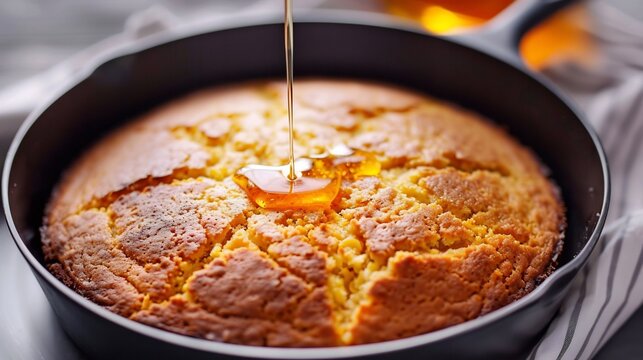 Golden skillet cornbread served warm with a drizzle of honey perfect for a hearty food pairing