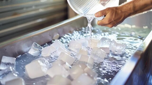Worker is pouring water on a large quantity of ice cubes contained in a metal container, in a place that looks like an industrial facility
