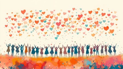 A group of joyful people celebrating under a sky filled with hearts, symbolizing love, happiness, community, and the spirit of togetherness, capturing a moment of shared joy