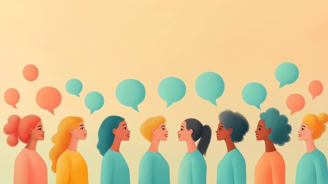 Multicultural women in colorful clothing converse, symbolizing diversity, communication, and cultural exchange, highlighting the importance of DEI for dialogue and understanding in society