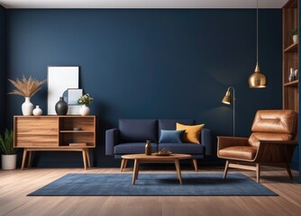 Stylish Modern wooden living room has an armchair on empty dark blue wall background