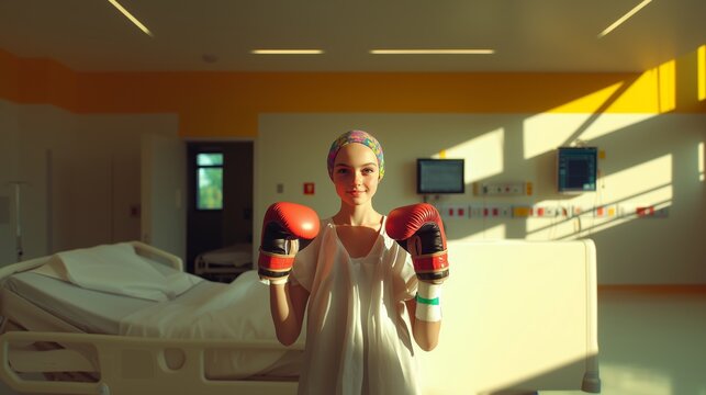 A young sick girl chemotherapy patient in cancer remission in hospital wearing boxing gloves embodying strength, resilience, and determination from challenges and adversity while beating the disease