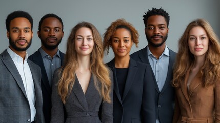 Fototapeta premium A group of diverse professional workers smiling and posing in a modern office setting, emphasizing teamwork, diversity, and through DEI hiring of multicultural employees