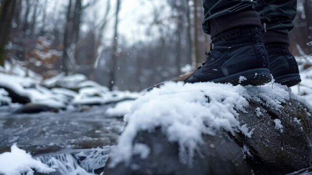 Hiker testing water temperature before crossing icy river on snowy day in forest. Boots crunch through snow, embracing cold therapy